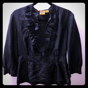 Tory Burch Black Ruffle Silk Shirt